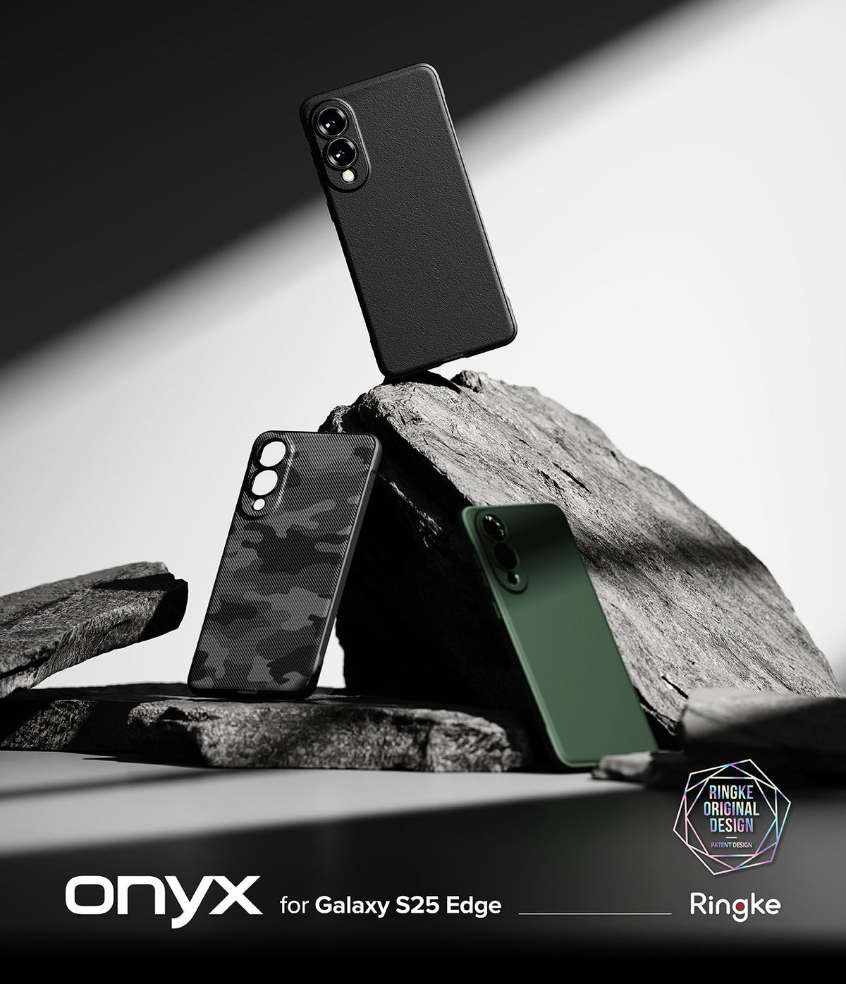 Galaxy S25 Edge Case | Onyx - Three Galaxy S25 Edge phone cases in black, camo, and green displayed on jagged dark rocks.