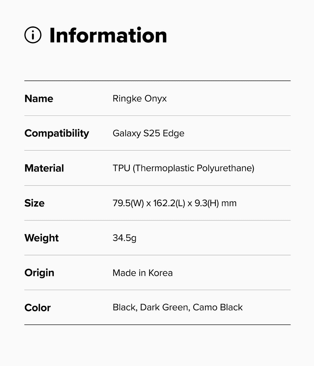Galaxy S25 Edge Case | Onyx - Information table listing product name, compatibility, material, size, weight, origin, and color.