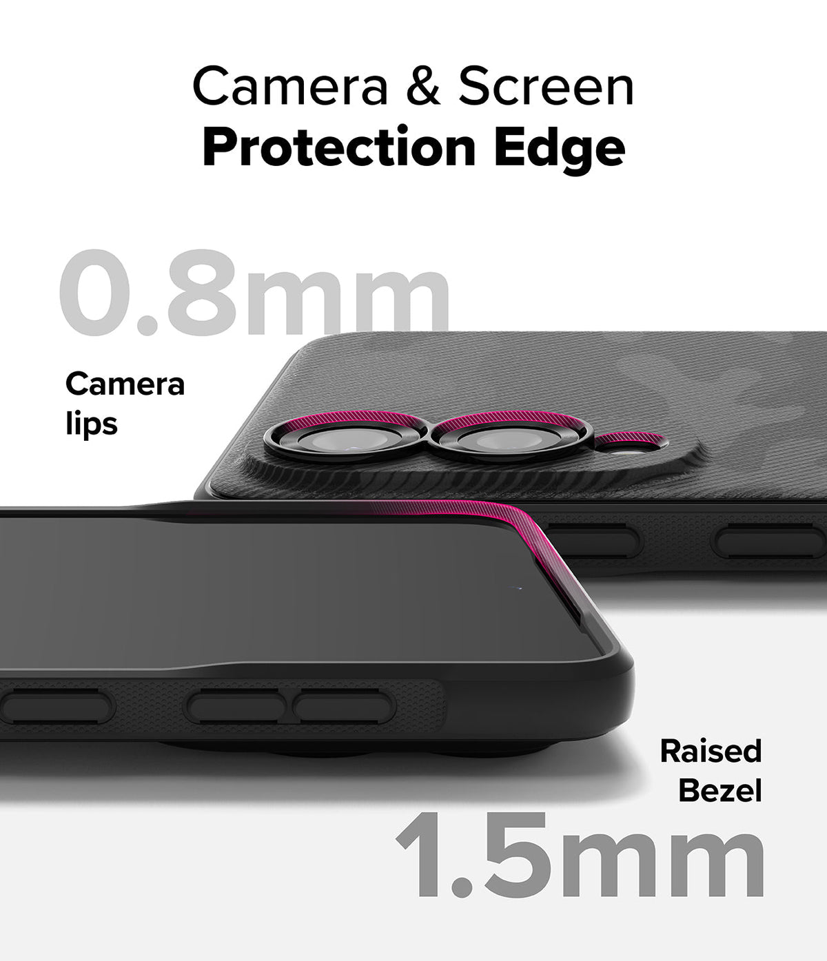 Galaxy S25 Edge Case | Onyx - Black phone case showing 0.8mm camera lips and 1.5mm raised screen bezels with pink accents.