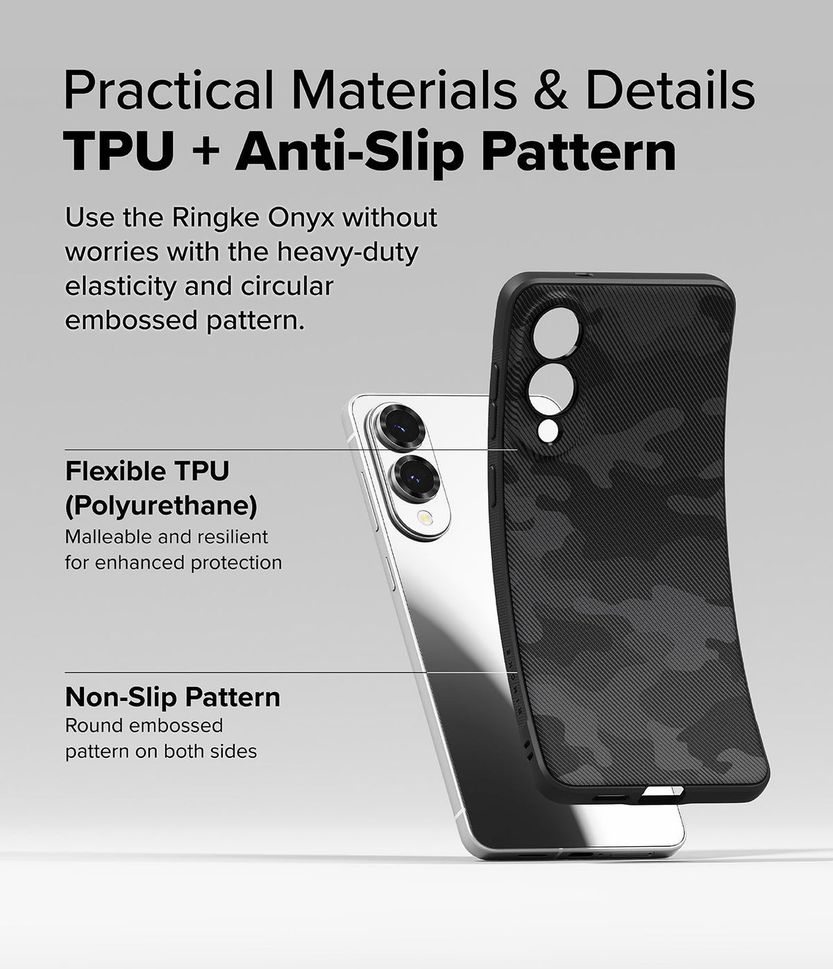 Galaxy S25 Edge Case | Onyx - A flexible black camo TPU phone case being held next to a silver smartphone.