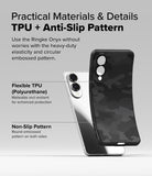 Galaxy S25 Edge Case | Onyx - A flexible black camo TPU phone case being held next to a silver smartphone.