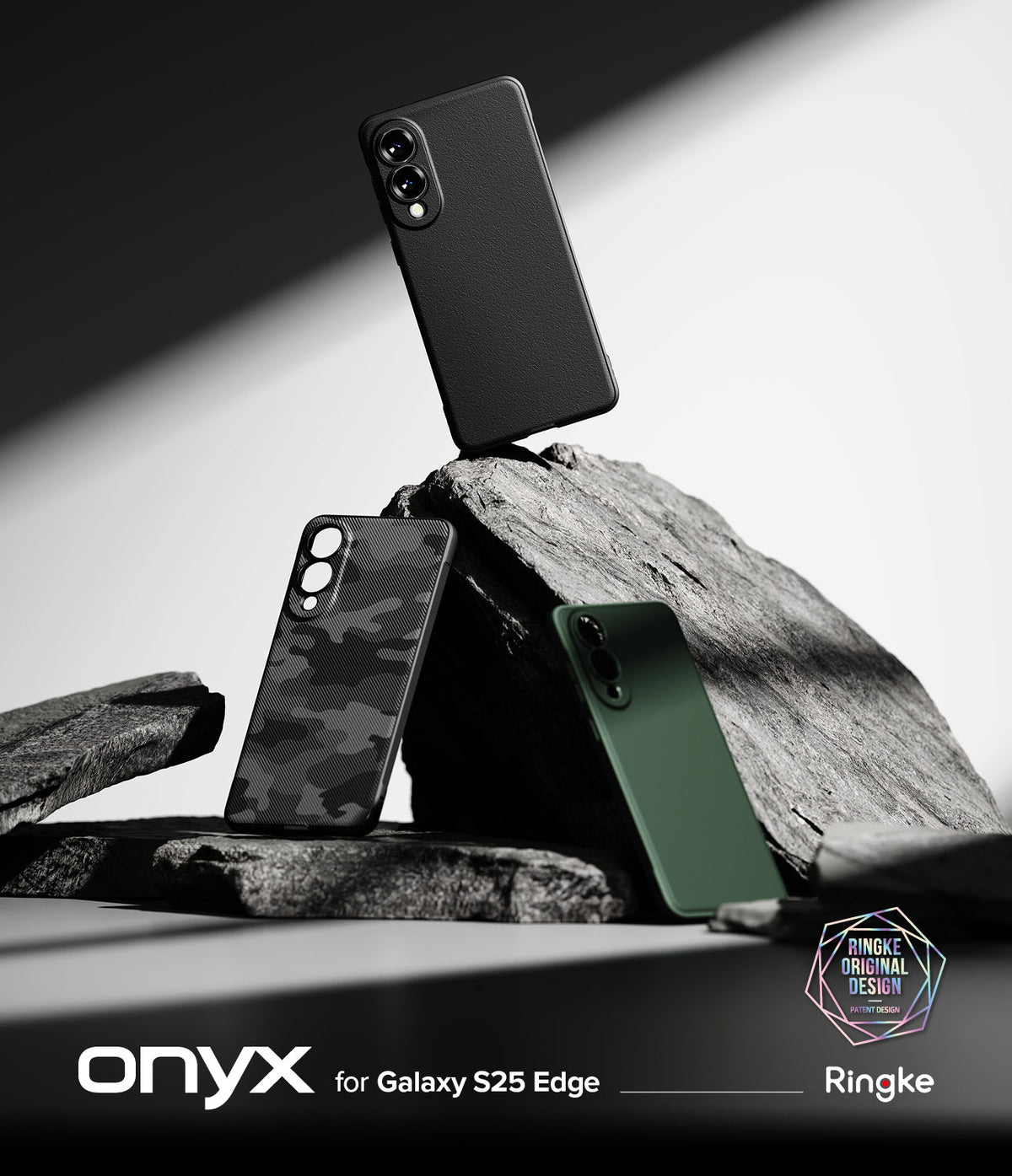 Galaxy S25 Edge Case | Onyx - Three Galaxy S25 Edge cases in black, camo, and green displayed on jagged dark rocks.