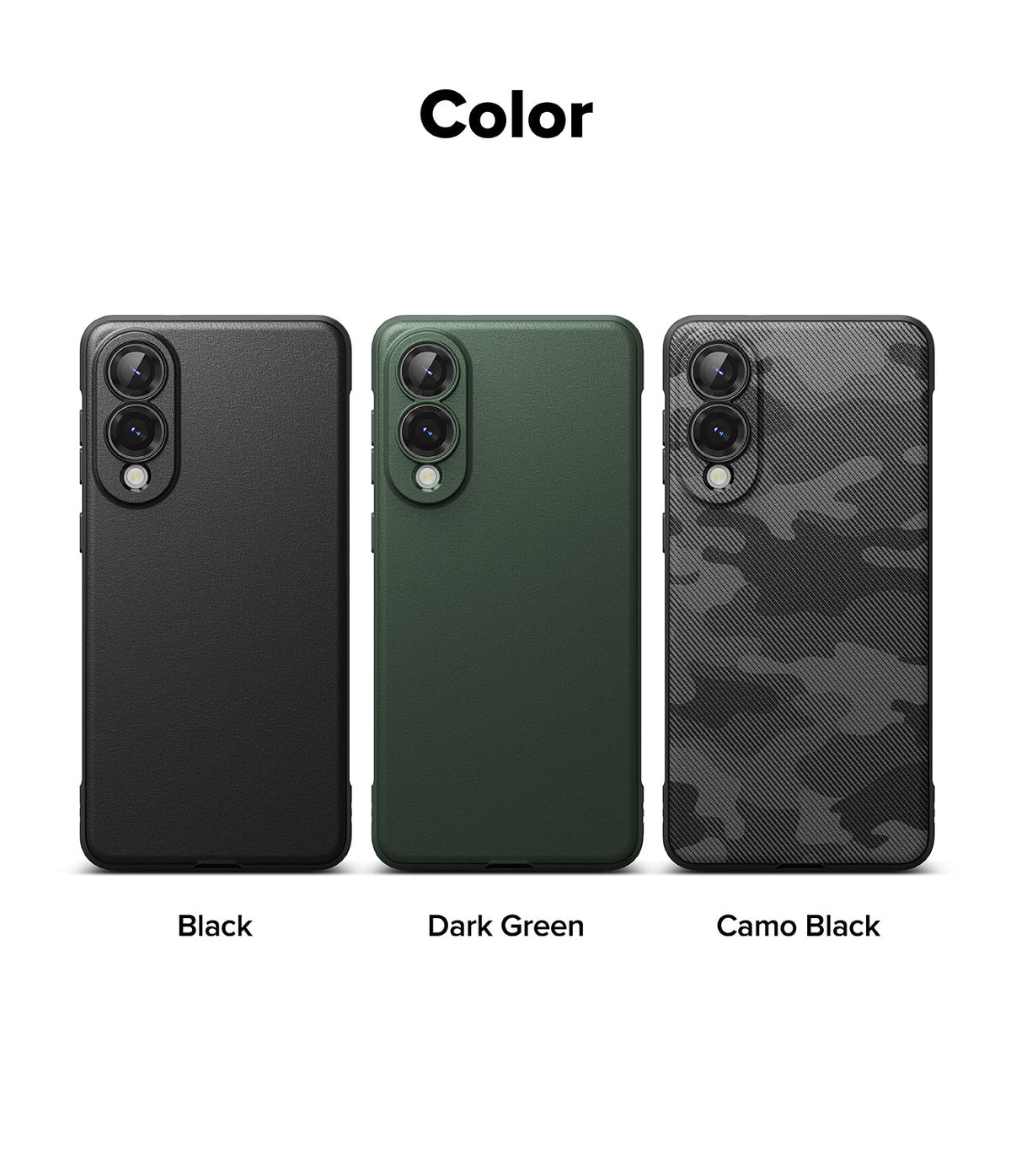 Galaxy S25 Edge Case | Onyx - Three Galaxy S25 phone cases in black, dark green, and camo black arranged side-by-side.
