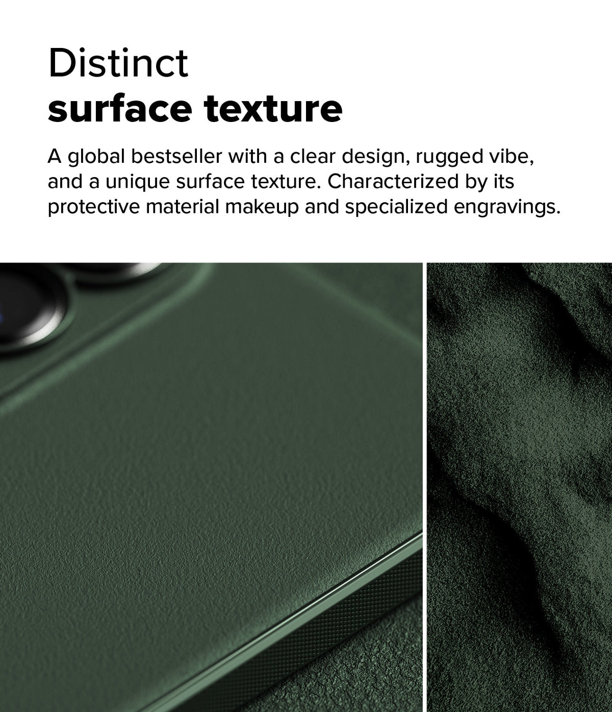 Galaxy S25 Edge Case | Onyx - Close-up of a dark green phone case with a textured, rugged surface and specialized engravings.