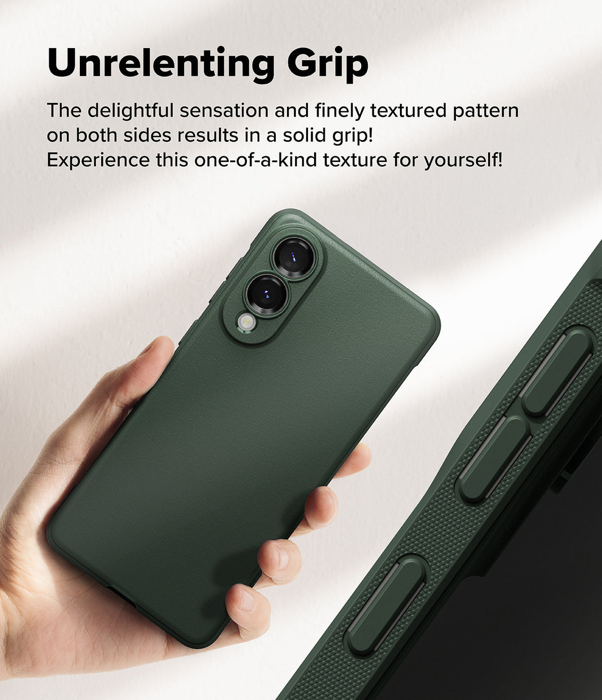 Galaxy S25 Edge Case | Onyx - Hand holding a dark green phone case with a textured side grip and camera cutouts.