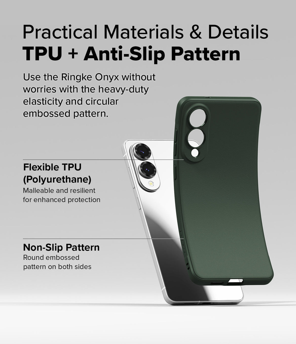 Galaxy S25 Edge Case | Onyx - A flexible dark green TPU phone case being bent next to a silver smartphone.