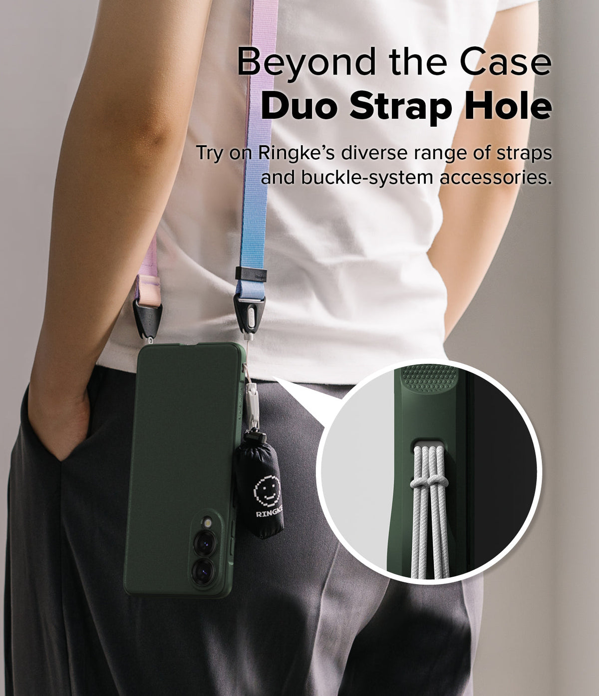 Galaxy S25 Edge Case | Onyx - A person wearing a dark green phone case with a dual-strap system and a close-up of the strap hole.