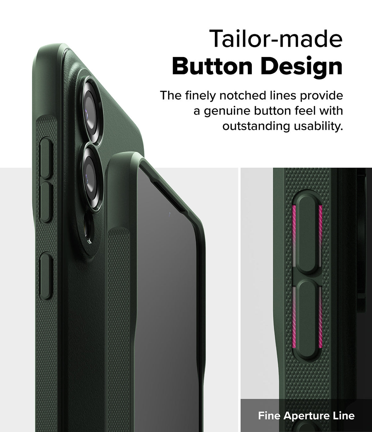 Galaxy S25 Edge Case | Onyx - Close-up of a dark green phone case highlighting the textured, notched button design.