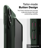 Galaxy S25 Edge Case | Onyx - Close-up of a dark green phone case highlighting the textured, notched button design.