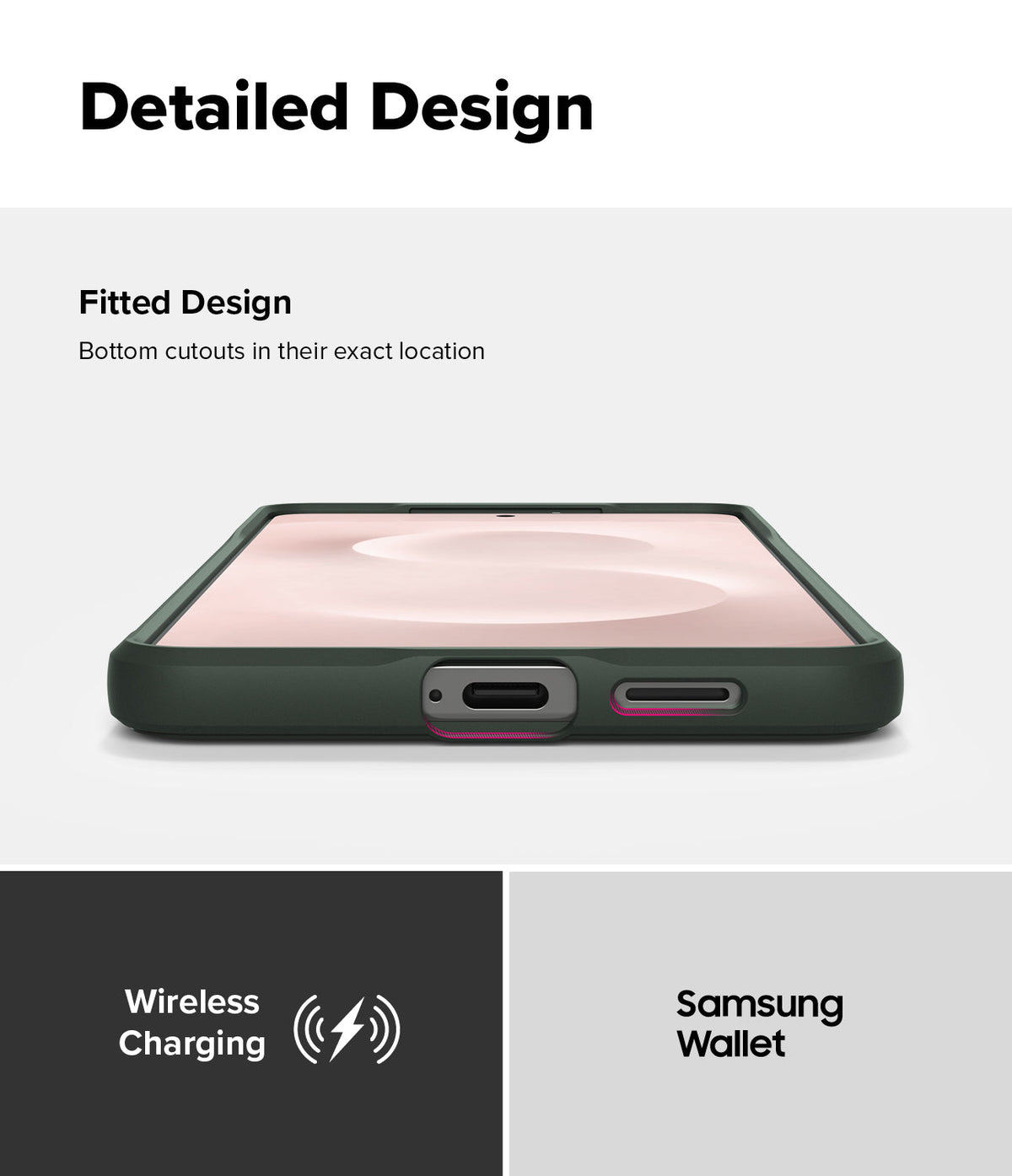 Galaxy S25 Edge Case | Onyx - Bottom view of a phone in an onyx case highlighting precise port cutouts and charging icons.