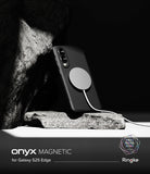 Galaxy S25 Edge Case | Onyx Magnetic - Black phone case with magnetic charger on a stone surface against a dark background.