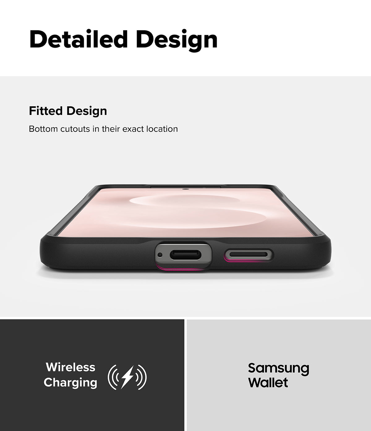 Galaxy S25 Edge Case | Onyx Magnetic - Bottom view of a phone in a black case highlighting precise port and speaker cutouts.