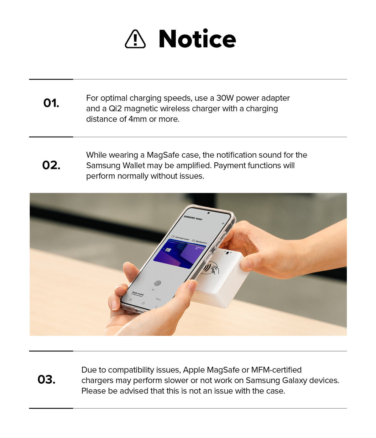 Galaxy S25 Edge Case | Onyx Magnetic - Informational graphic listing charging and Samsung Wallet usage notices.