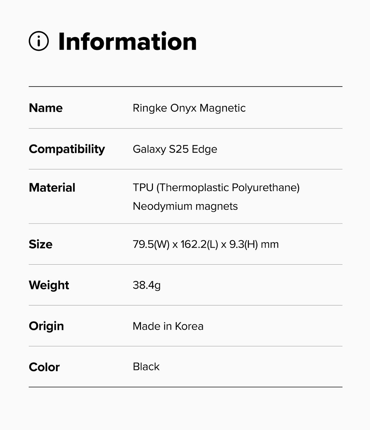Galaxy S25 Edge Case | Onyx Magnetic - Information table listing product name, compatibility, material, size, weight, and color.