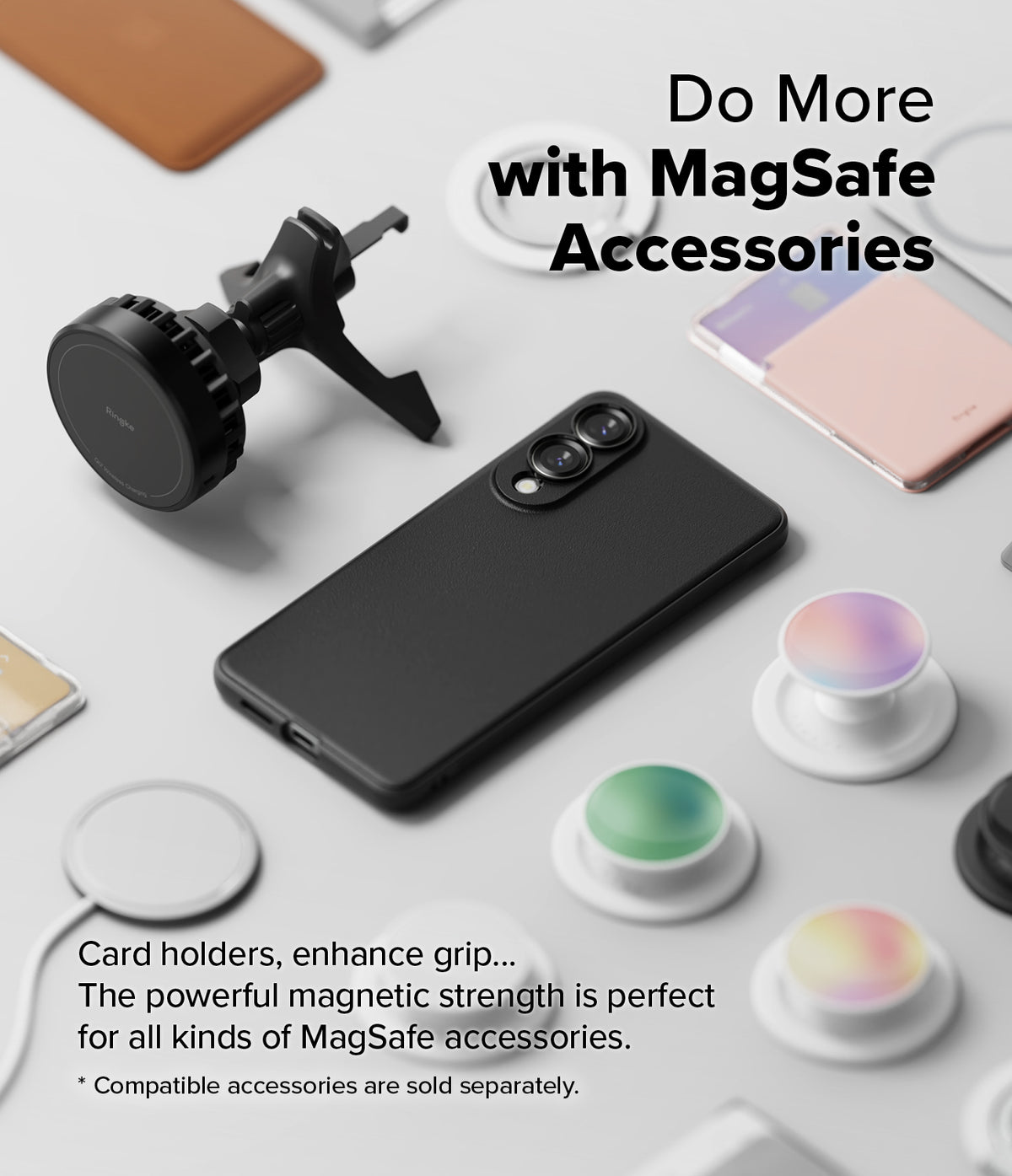 Galaxy S25 Edge Case | Onyx Magnetic - Black phone case surrounded by various MagSafe accessories on a light surface.
