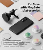Galaxy S25 Edge Case | Onyx Magnetic - Black phone case surrounded by various MagSafe accessories on a light surface.