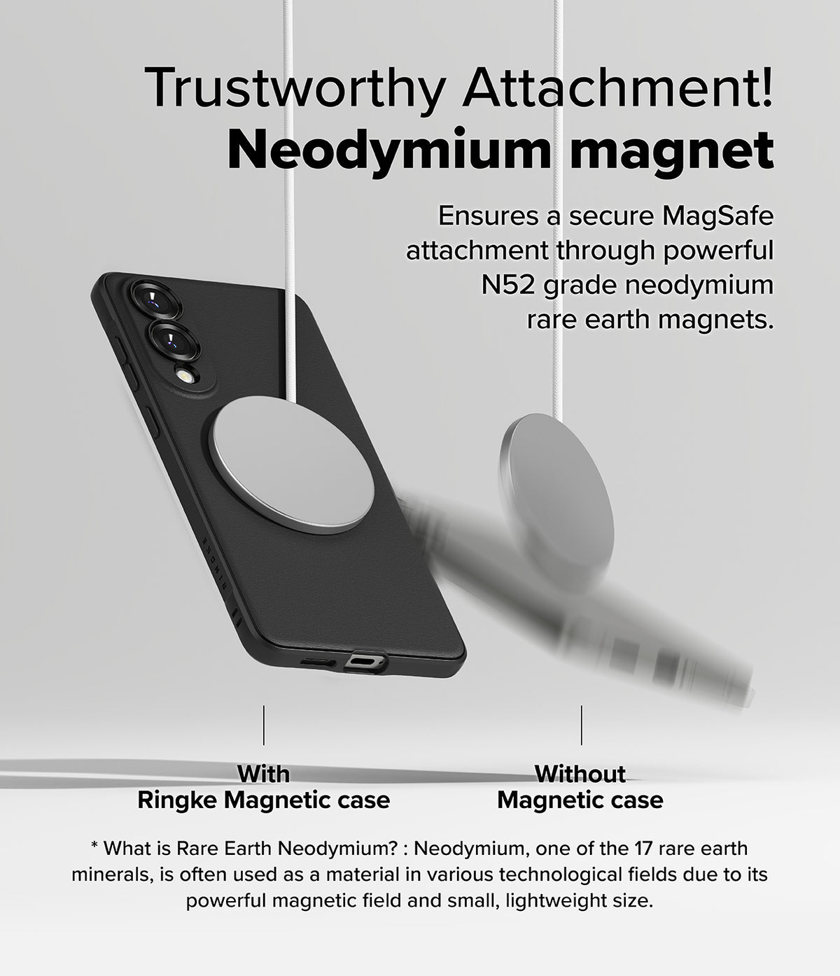 Galaxy S25 Edge Case | Onyx Magnetic - Comparison showing a magnetic charger securely attached to a phone case versus falling off.