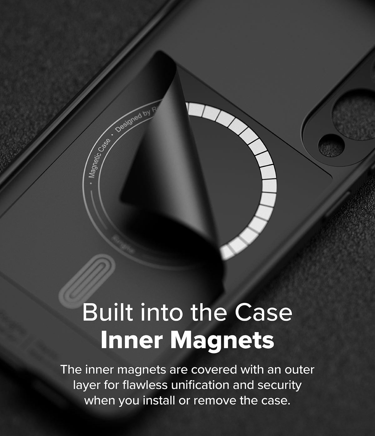 Galaxy S25 Edge Case | Onyx Magnetic - Matte black phone case with a peeling layer revealing a circular magnetic ring.