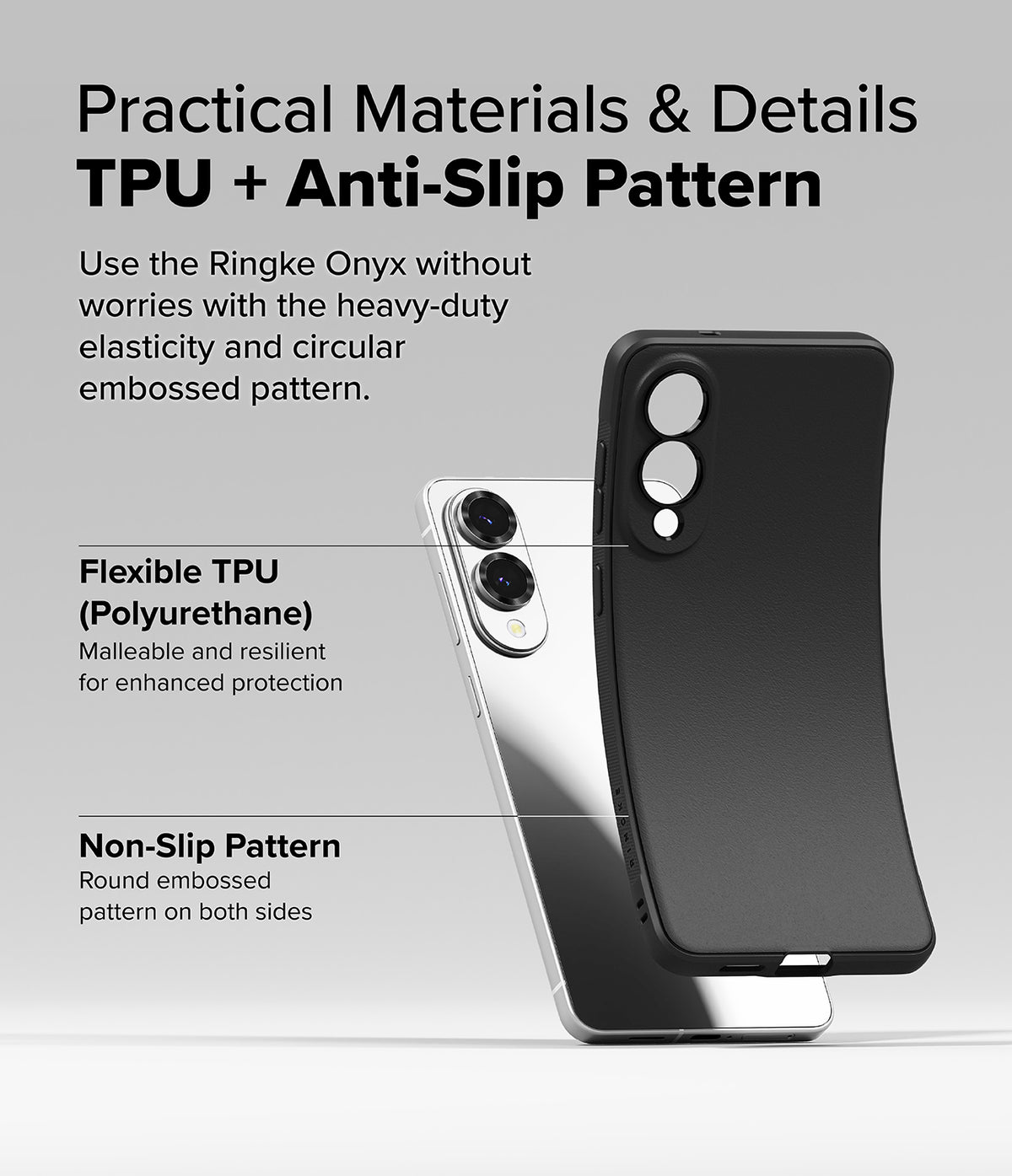 Galaxy S25 Edge Case | Onyx Magnetic - Flexible black TPU phone case being pulled away from a silver smartphone.