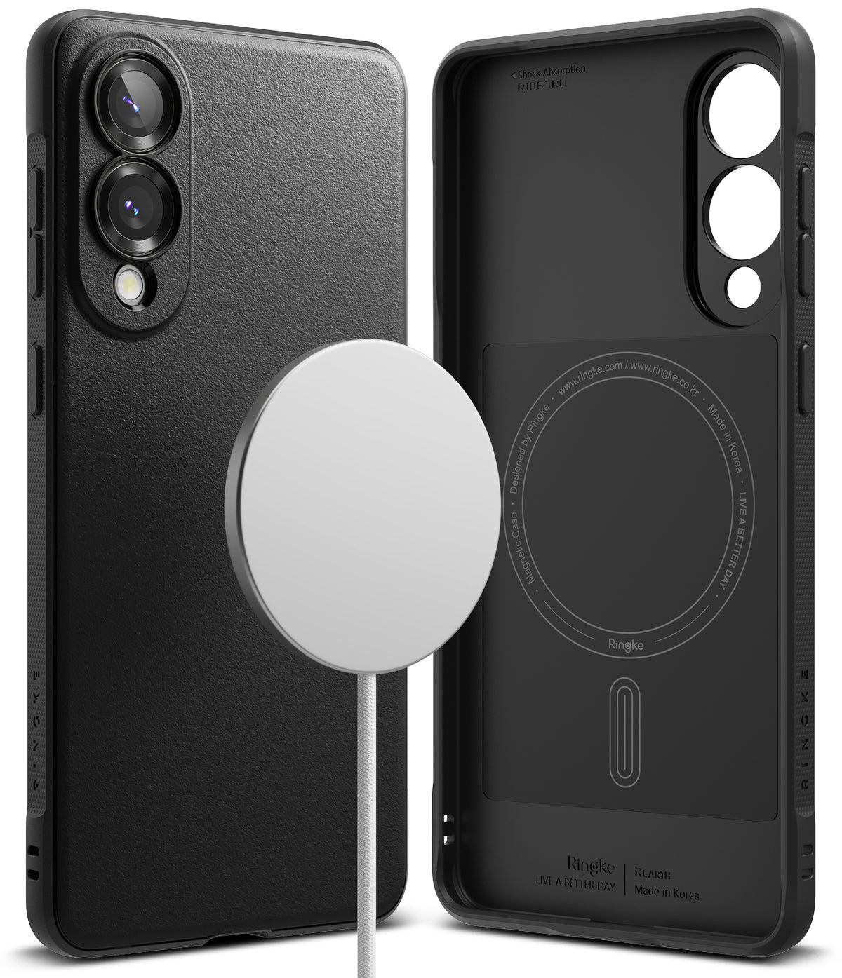 Galaxy S25 Edge Case | Onyx Magnetic - Black textured phone case with magnetic ring, shown from back and interior views.