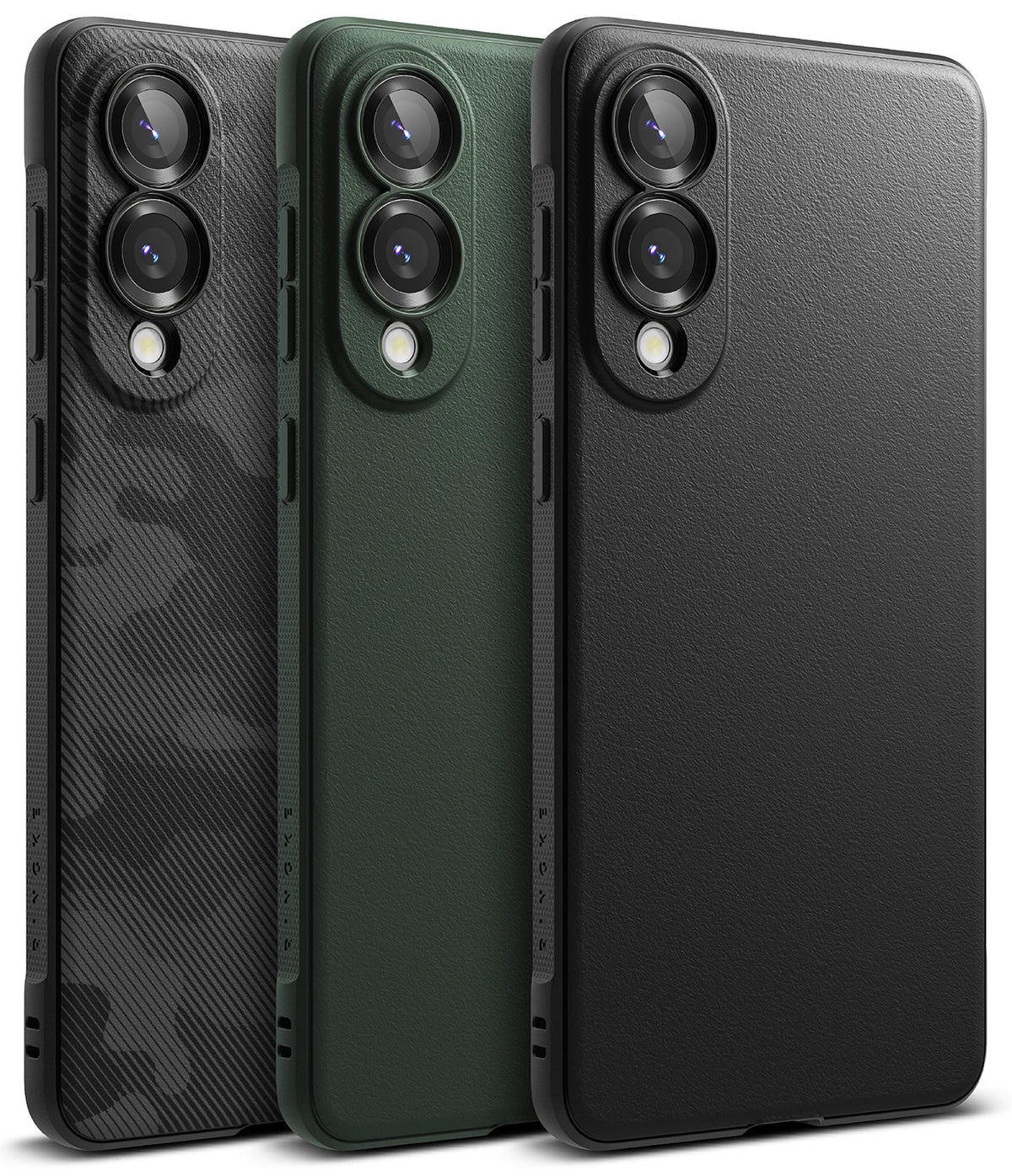 Galaxy S25 Edge Case | Onyx - Three Galaxy S25 phone cases in camo, forest green, and black with textured back panels.