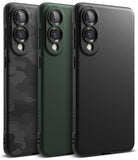 Galaxy S25 Edge Case | Onyx - Three Galaxy S25 phone cases in camo, forest green, and black with textured back panels.