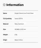 Galaxy S25 FE | Camera Lens Frame Glass - Specification table listing product name, compatibility, material, size, and weight.