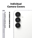 Galaxy S25 FE | Camera Lens Frame Glass - Galaxy S25 FE - Three individual black camera lens covers aligned to be applied to a white smartphone's rear camera array.