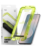 Galaxy S25 FE Screen Protector | Easy Slide Tempered Glass (2P) - Galaxy S25 FE Screen Protector - Neon green installation tray with tempered glass screen protector over a smartphone.