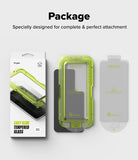 Galaxy S25 FE Screen Protector | Easy Slide Tempered Glass (2P) - Galaxy S25 FE Screen Protector - Packaging, green installation tray, and two tempered glass screen protectors.