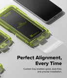 Galaxy S25 FE Screen Protector | Easy Slide Tempered Glass (2P) - Galaxy S25 FE Screen Protector - A green installation tray aligns a tempered glass protector onto a smartphone screen.