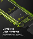 Galaxy S25 FE Screen Protector | Easy Slide Tempered Glass (2P) - Galaxy S25 FE Screen Protector - Neon green installation tray for screen protector with dust removal instructions.