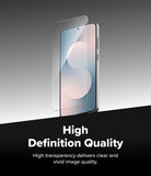 Galaxy S25 FE Screen Protector | Easy Slide Tempered Glass (2P) - Galaxy S25 FE Screen Protector - Transparent tempered glass hovering above a smartphone screen against a gray background.