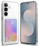 Galaxy S25 FE Case | Fusion Card - Clear phone case with a built-in card slot holding a gradient card, shown from front and back.