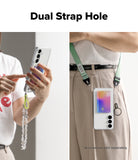 Galaxy S25 FE Case | Fusion Card - Clear phone case with card slot and dual strap holes, shown with wrist and neck lanyards.