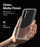 Galaxy S25 FE Case | Fusion Matte - Hand holding a clear, matte-finish phone case against a black background.