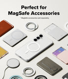 Galaxy S25 FE Case | Fusion Magnetic - Clear phone case surrounded by various MagSafe accessories on a light background.