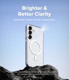 Galaxy S25 FE Case | Fusion Magnetic - Clear phone case with magnetic ring on a rock against a blue sky background.