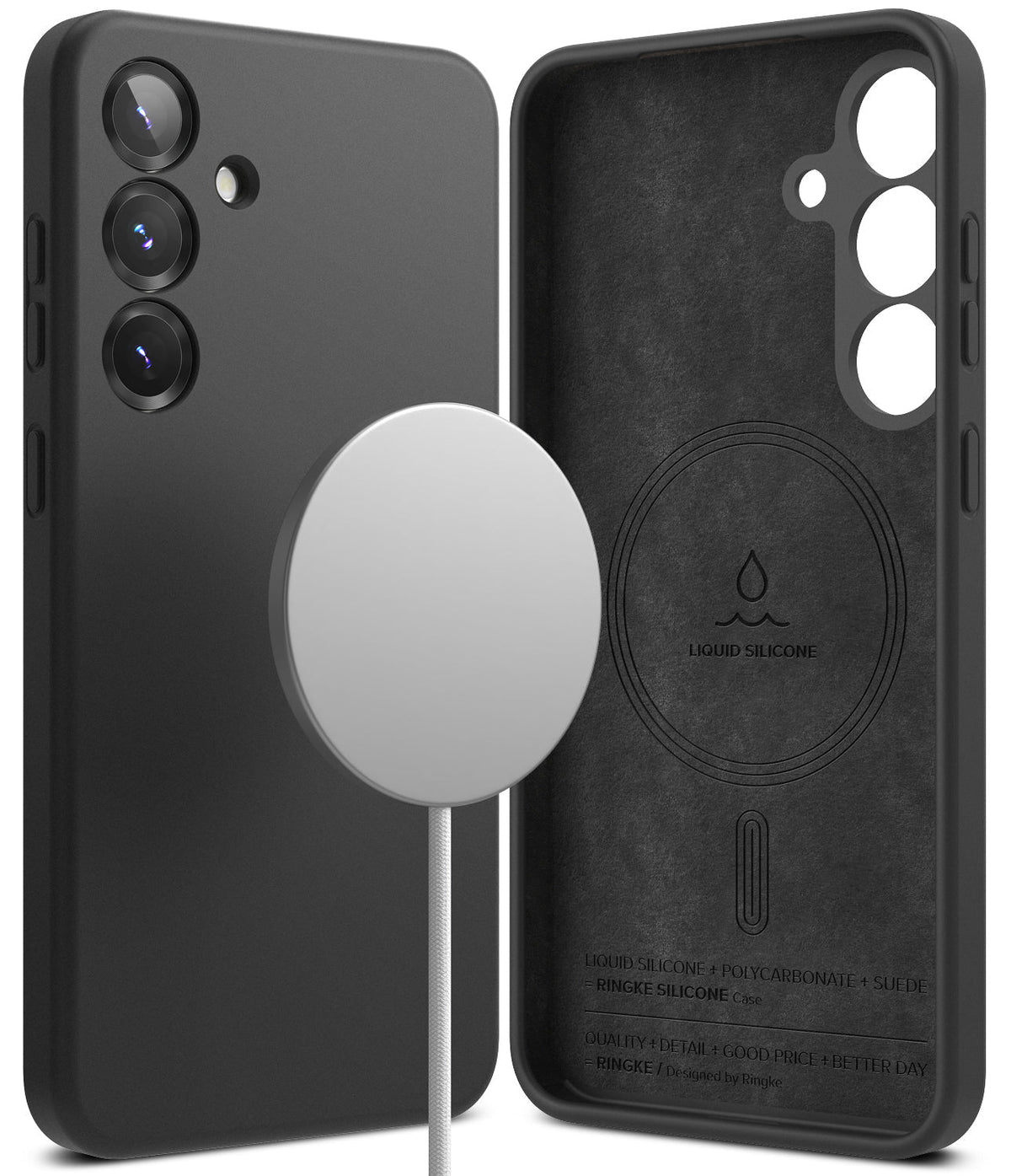 Galaxy S25 Plus Case | Silicone Magnetic - Black silicone magnetic phone case showing exterior and suede interior.