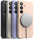 Galaxy S25 Plus Case | Silicone Magnetic - Four silicone phone cases in black, grey, purple, and peach with a magnetic charger.