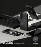 [Bundle] Galaxy S25 Ultra | Alles - Black Galaxy S25 Ultra cases with magnetic rings and stands arranged on a geometric surface.