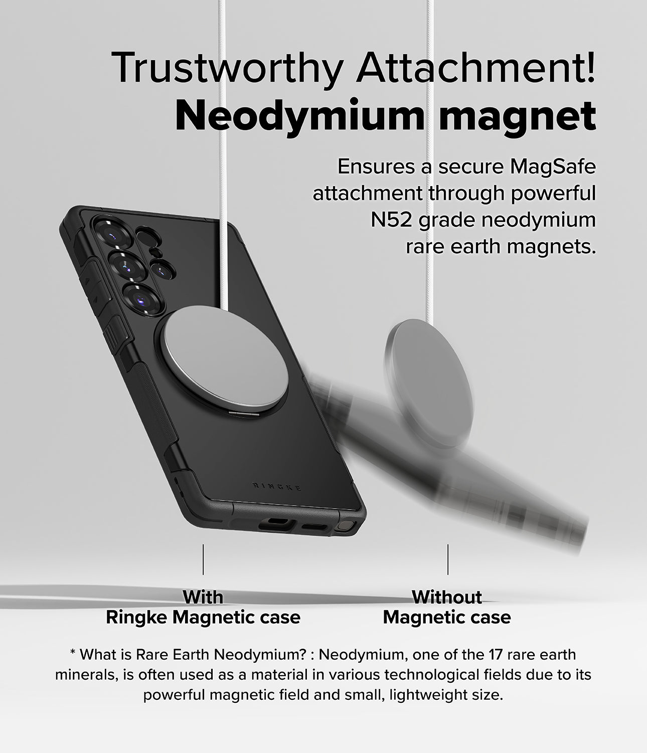 [Bundle] Galaxy S25 Ultra | Alles - A Galaxy S25 Ultra in a magnetic case holding a magnet versus one without, demonstrating magnetic strength.