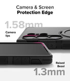 Galaxy S25 Ultra Case | Alles - Close-up of phone case showing 1.58mm camera lips and 1.3mm raised screen bezel protection.
