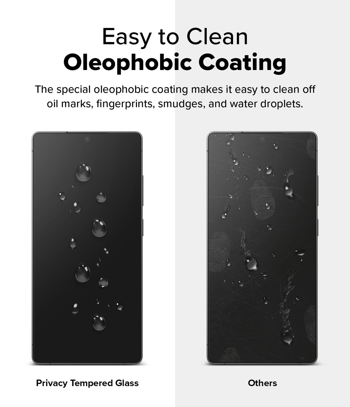 Galaxy S25 Ultra Screen Protector | Easy Slide Privacy Tempered Glass - Galaxy S25 Ultra Screen Protector - Comparison showing clean water beads on tempered glass versus smudged screen.