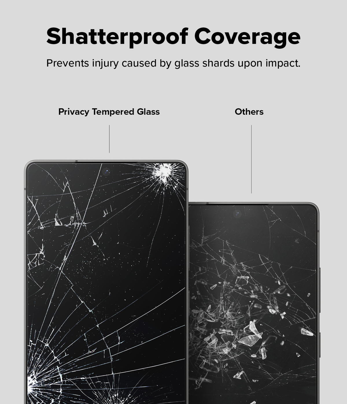 Galaxy S25 Ultra Screen Protector | Easy Slide Privacy Tempered Glass - Galaxy S25 Ultra Screen Protector - Comparison showing shattered privacy glass held together versus loose shards.