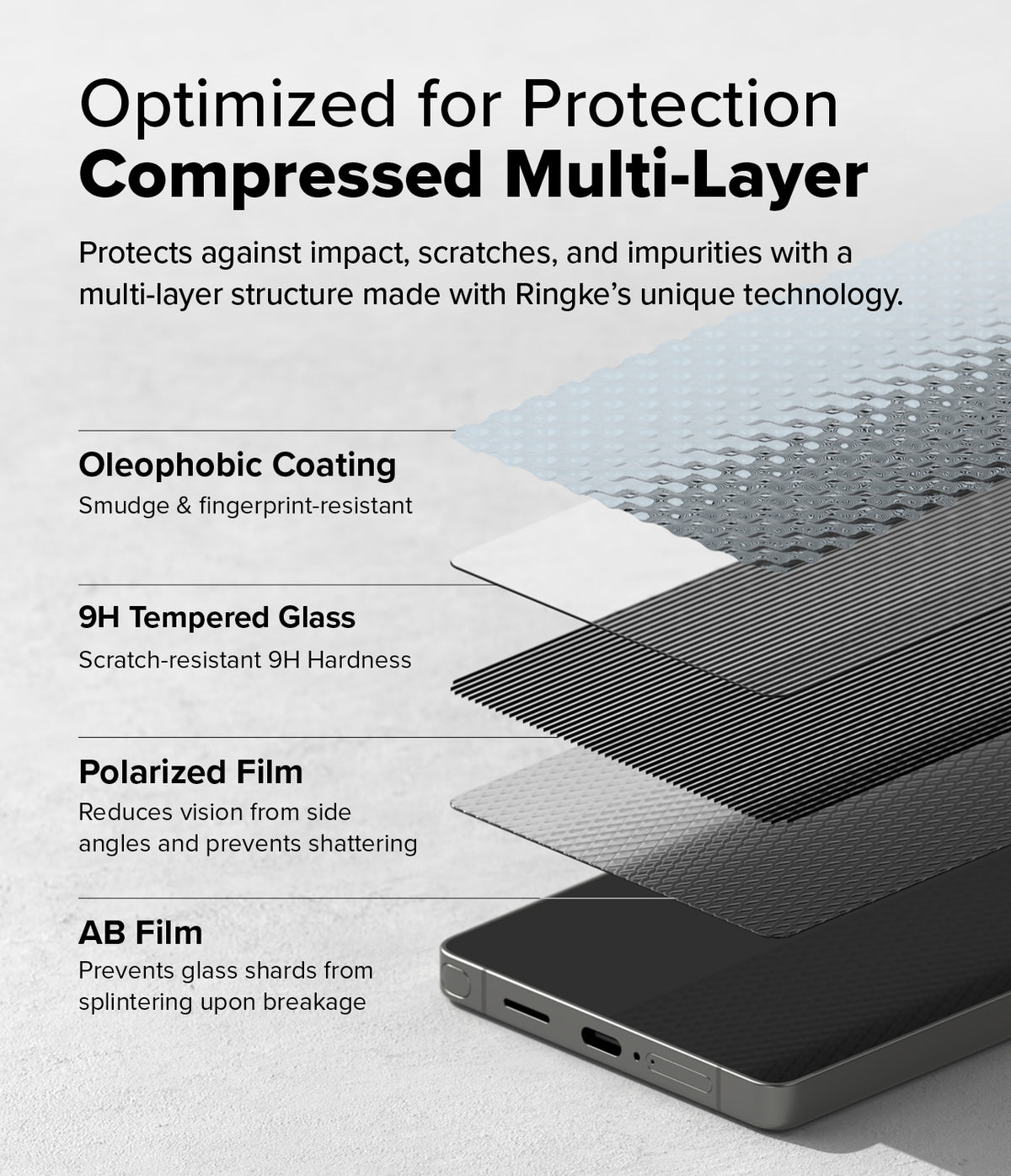 Galaxy S25 Ultra Screen Protector | Easy Slide Privacy Tempered Glass - Galaxy S25 Ultra Screen Protector - Exploded view showing four layers: oleophobic coating, tempered glass, film, and base.