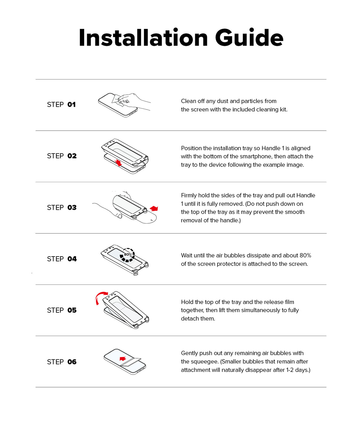 Galaxy S25 Ultra Screen Protector | Easy Slide Privacy Tempered Glass - Galaxy S25 Ultra Screen Protector - Six-step illustrated guide for installing a tempered glass screen protector.