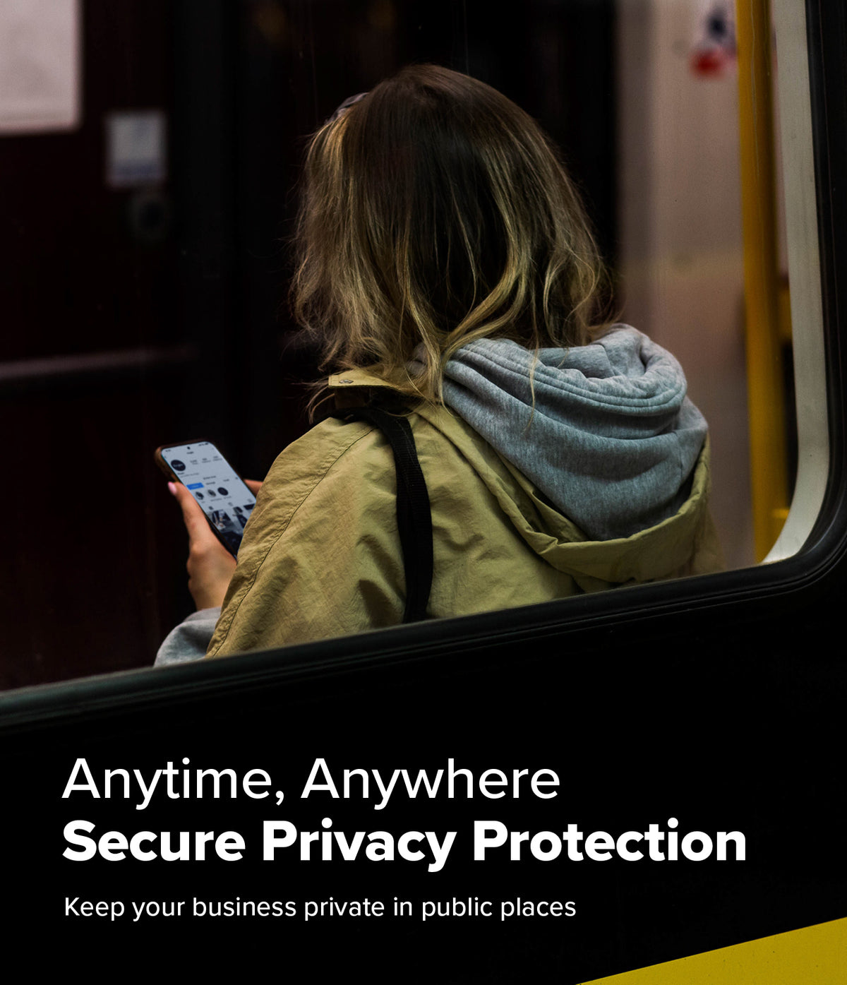 [Bundle] Galaxy S25 Ultra | Silicone Magnetic - Person using a smartphone on a train with text about privacy protection.