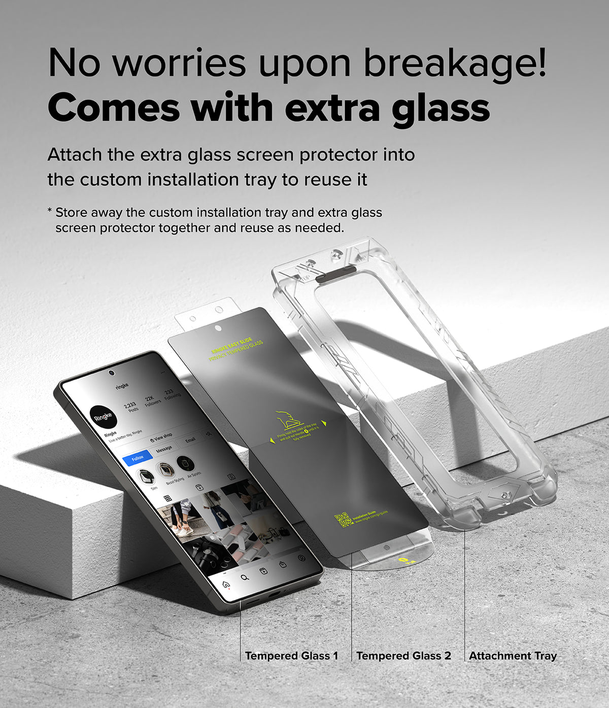 Galaxy S25 Ultra Screen Protector | Easy Slide Privacy Tempered Glass - Galaxy S25 Ultra Screen Protector - Two tempered glass protectors and an installation tray displayed on a gray surface.