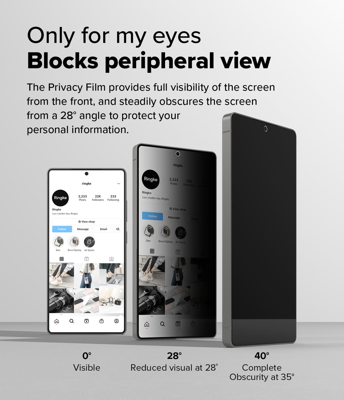 [Bundle] Galaxy S25 Ultra | Silicone Magnetic - Three smartphones showing privacy screen film visibility at 0, 28, and 40 degrees.